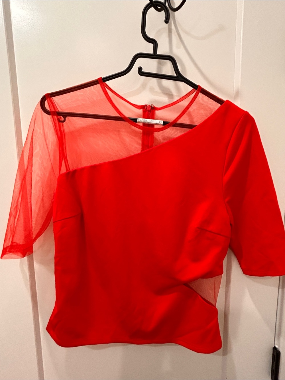 Red Mesh Cut Out Accent Women's Top